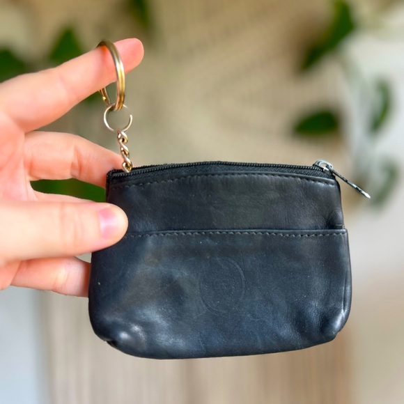 Vintage Black Leather Coin Purse Keychain Zip Wallet Key Ring Minimalist Pouch - Picture 1 of 9